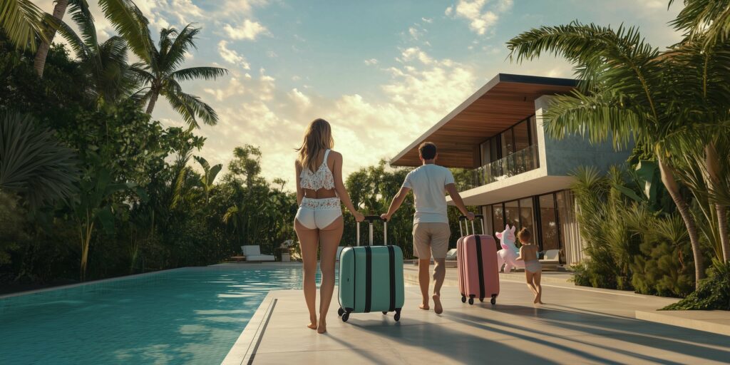 Multiple generations of a family relaxing by a private villa pool in Orlando