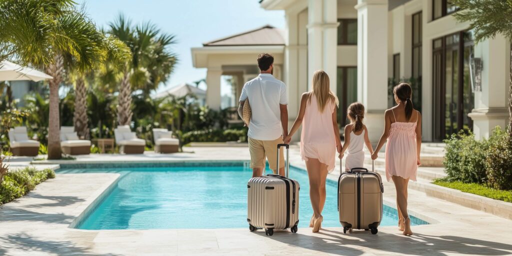 Family arriving at a Reunion Resort villa with plenty of bedrooms for the group
